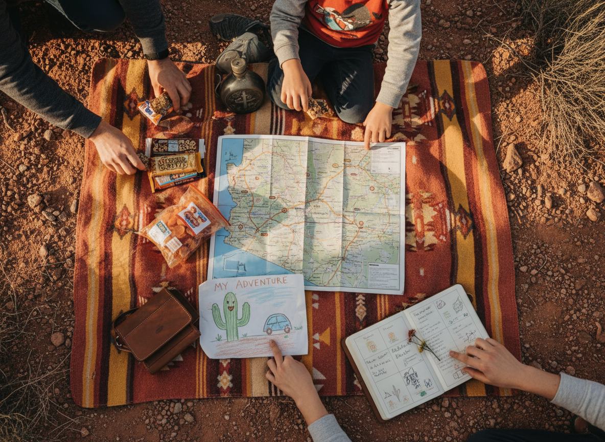 Warm, playful overhead photo of a family picnic on a colorful blanket during an Arizona road trip stop — a paper map, snacks, a kids drawing, and a travel journal spread out, sandy desert ground with soft warm light.
